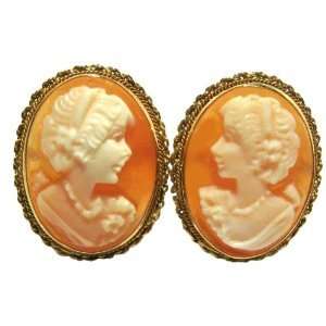   Carved, Carnelian Shell Italian Cameo Earrings 14k Gold: Jewelry