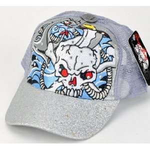 Hottest Hat in Town   Ed Harley Style Silver Hat with Skull Sparkling 