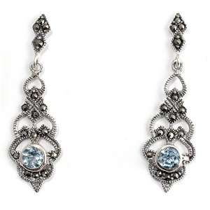  Marcasite with Aqua Blue CZ Earrings, Size: 37mm: Jewelry