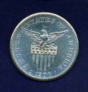PHILIPPINES 1908 S  1 PESO SILVER COIN, ALMOST UNCIRCULATED, AU50+