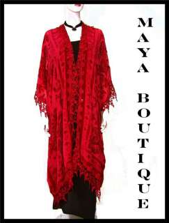 Velvet Burnout & Lace Kimono Caftan Jacket Beaded Red  
