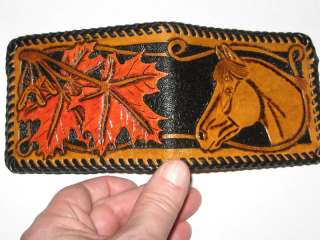 GENUINE HAND CARVED LEATHER WALLET HORSE & MAPLE LEAF  