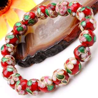 10mm Red Cloisonne Enamel Round Beads Stretchy Bracelet  