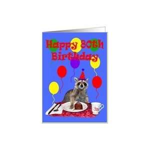  80th Birthday, Raccoon with cake and balloons Card: Toys 