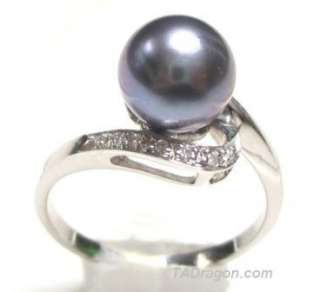 5mm AAA Black Pearl 2.10g 14K White Gold Diamond Ring  