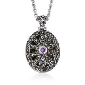   : Amethyst, Marcasite Locket Pendant Necklace In Silver. 18 Jewelry
