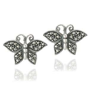  Sterling Silver Marcasite Butterfly Post Earrings: Jewelry