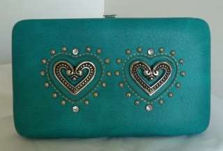 NEW TURQUOISE BLUE SILVER HEART CONCHO STUD BLING FLAT CHECKBOOK 