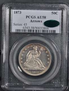 1873 PCGS/CAC AU58 ARROWS SEATED LIBERTY HALF DOLLAR HINT OF PL FLASH 