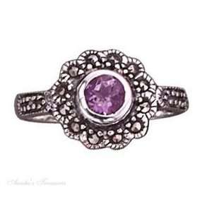  Sterling Silver Amethyst Marcasite Ring Size 5 Jewelry