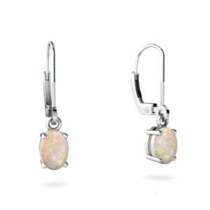    14K White Gold Oval Genuine Opal Lever Back Earrings: Jewelry