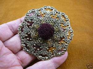 br 274) Burgundy swirl button circle brass filigree pin pendant 