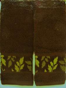   pc Tip Towel Set Green Leaves Woven Border Brown NEW w/ tags 11 x 19