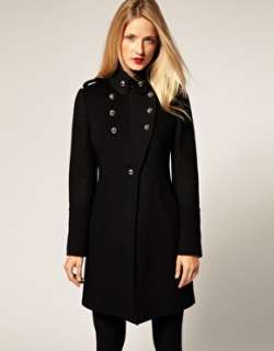   Karen Millen Black Mixed Fabric Wool Military Coat 10 38 £325  