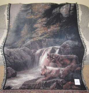 New Pair of Wolf Wolves at Waterfall Afghan Tapestry Throw Gift 