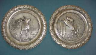 NOUVEAU PAIR SILVERPLATE WMF GERMANY WALL PLATES DEER  
