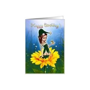 Birthday Card   Fantasy Cute Elf On Sunflower with Wasp 