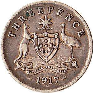 1917 Australia 3 Pence Small Silver Coin George V KM#24  