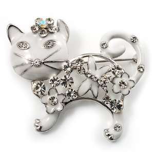  Snow White Crystal Enamel Cat Brooch: Jewelry