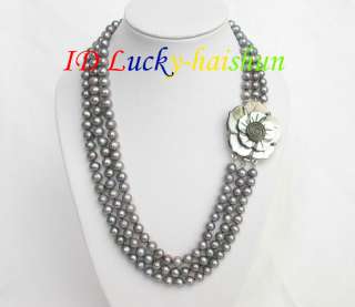 Genuine 3row Gray freshwater pearls necklace  
