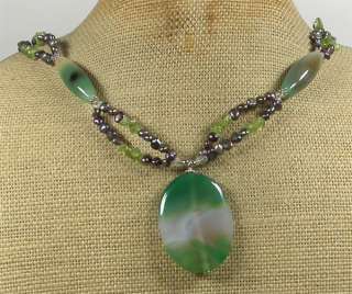 GREEN AGATE PERIDOT FRESH WATER PEARLS NECKLACE  