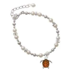 Silver Turtle with Amber Resin Body Czech Pearl Beaded Charm Bracelet 