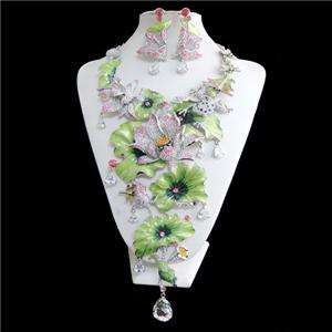 Water Lily Lotus Leaf Frog Crystal Dragonfly Drop Necklace Earring Set 