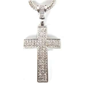 Silver Iced Out Single Edge Cross Pendant with a 36 Inch Franco Chain 