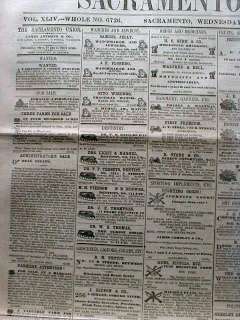 27 consecutive original 1872 Sacramento Daily newspapers CALIFORNIA 
