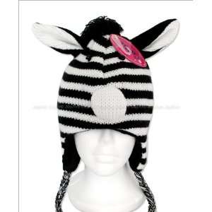  New Womens Animal Face Knit Hat with Ear Flaps  Zebra 