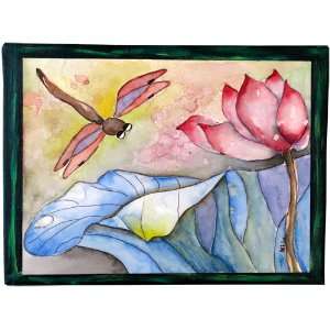 Lotus Flower Original Painting Watercolor Dragonfly Artwork on Canvas 