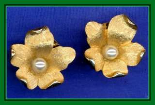 Marcel Boucher Brushed Gold Tn Floral Clip Earrings  