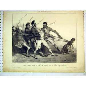 French Antique Print 1830 Men Pulling Little Girl Ropes 