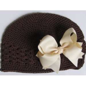  Brown Crochet Beanie Hat/Ivory Hair Bow for Baby and Girl Baby
