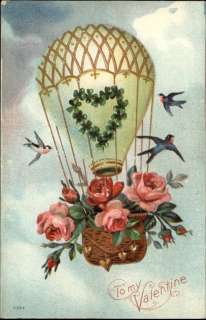 Valentine Embossed Air Balloon Birds Roses c1910 Postcard  