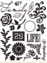 10 clear stamps words family life happens property of flowers leaves 
