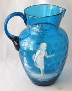 Blue optic double MARY GREGORY art glass pitcher EAPG  