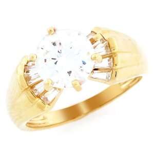    10k Gold 8mm Round CZ Engagement Ring With Baguettes: Jewelry