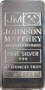 JOHNSON MATTHEY 10 TROY OUNCES.999 PURE SILVER BULLION BAR.  