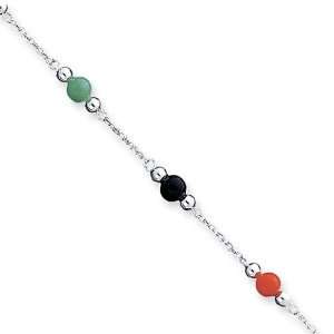  Multi Color Jade in Silver, 9 Inch Beaded Anklet Jewelry