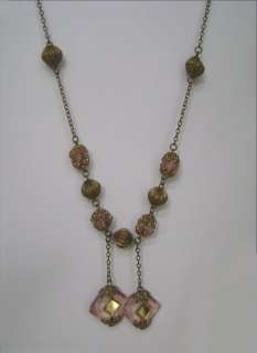 Vintage Pink Glass & Brass Dangling Bead Necklace  