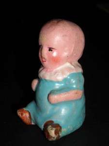 UNUSUAL DOLLHOUSE DOLL PAINTED BISQUE CHUBBY SITTING BABY  