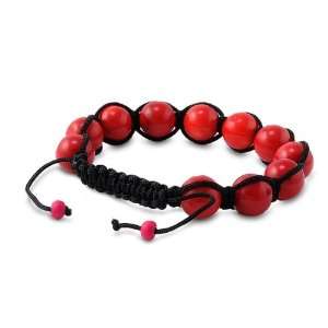 Tibetan Knotted Bracelet   Red Coral w/ Black String   Bead Size: 12mm 