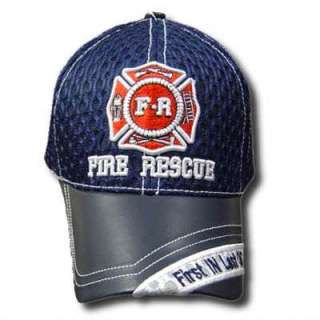 FIRE RESCUE FIRST IN LAST OUT BLUE LEATHER MESH HAT CAP  