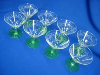   ELEGANT GREEN BASE CLEAR ETCHED BOWL DEPRESSION SHERBET / WINE GLASSES