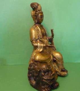 Bronze Buddhist Statue Kuan Yin Seated Lion Goddess Of Mercy  
