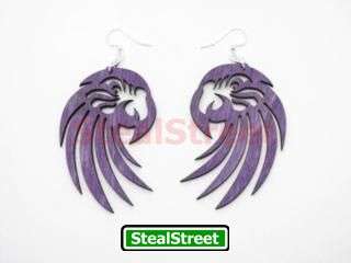 Purple Color Wooden Parrot Head Dangle Earrings  