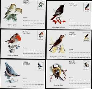 SONG BIRDS;6 ILLUSTRATED POSTAL CARDS;1995.ROMANIA  