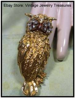 Vintage Signed ART Gold Tone Rhinestone Enamel Owl Figural Pin  
