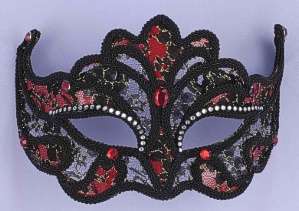 Black and Red Lace Venetian Mask with Red and Silver Jewels.
